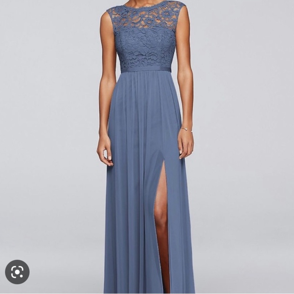 David’s Bridal steele blue bridesmaid dress